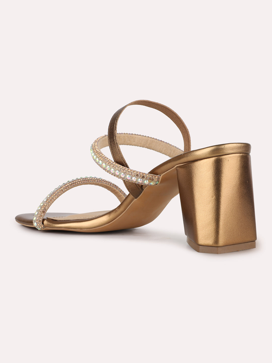 Women Golden Party Wear Embellished Pattern Square Toe Block Heels