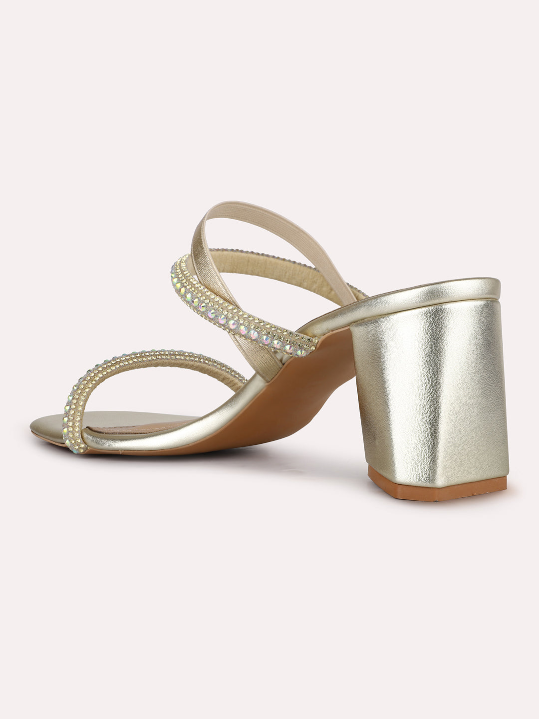 Women Golden Party Wear Embellished Square Toe Block Heel Sandals
