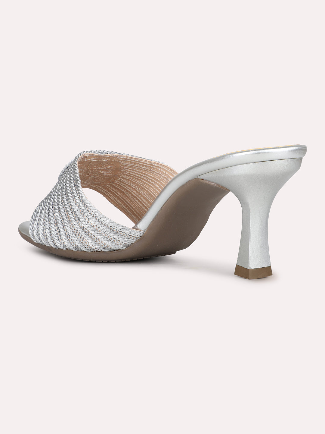 Womens Silver Party Wear Embellished Round Toe Kitten Heel Sandals