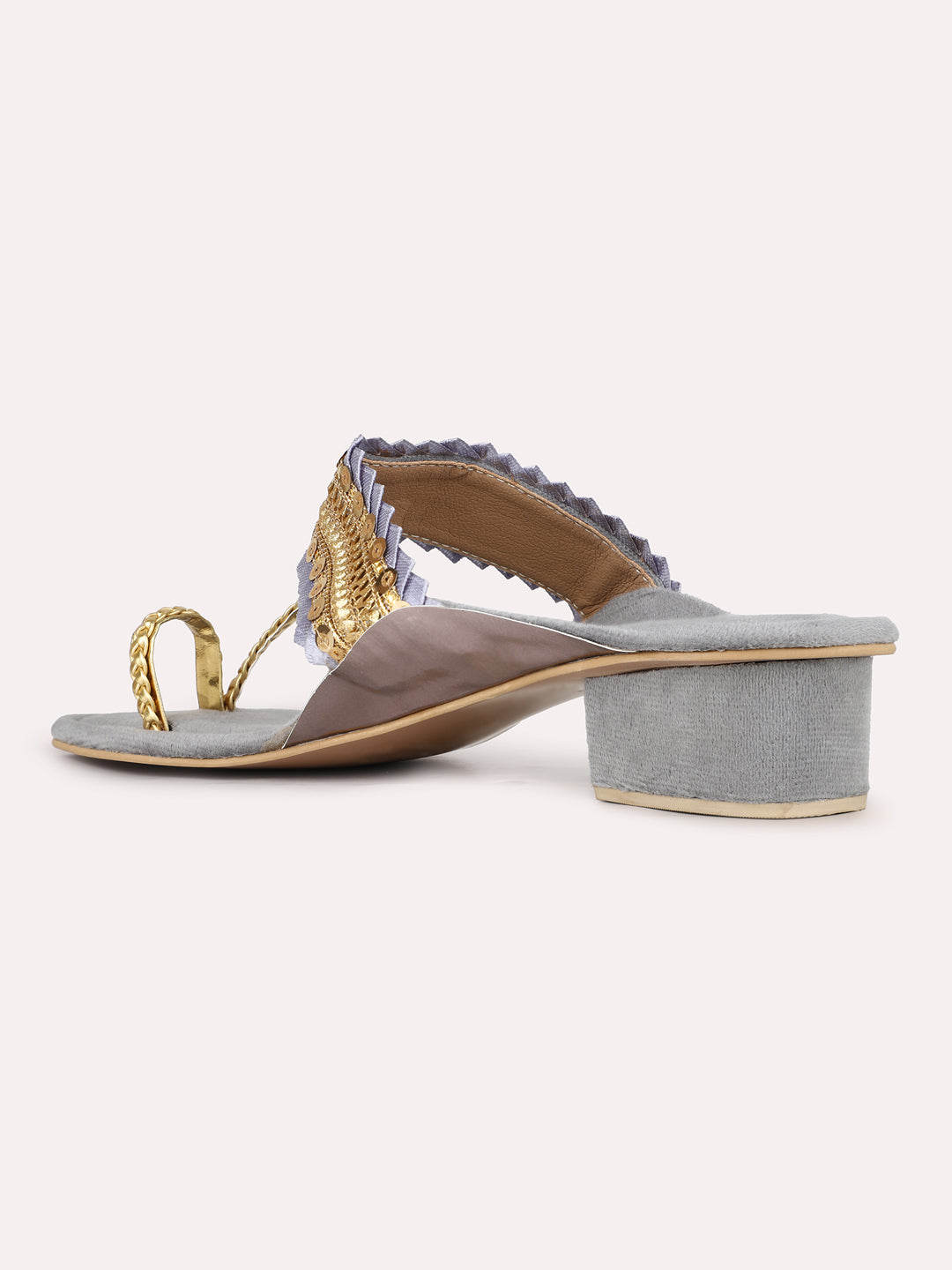 Women Grey Ethnic Embellished Round Toe Block Heel Sandals