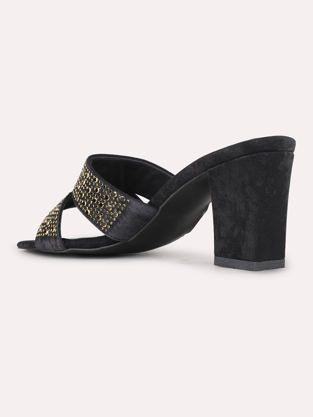 Women Black Party Wear Embellished Square Toe Block Heel Sandals