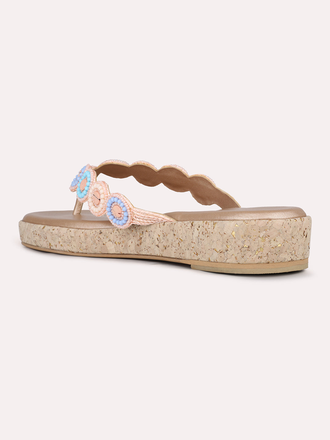 Womens Rose Gold Casual Embellished T-Strap Slip-On Flat Sandals