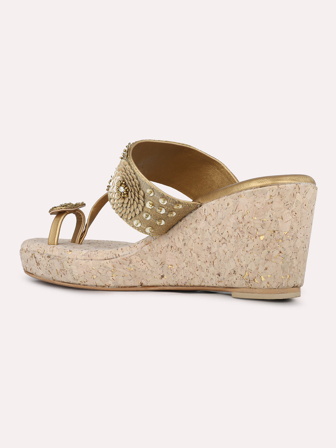 Women Golden Party Wear Embellished Round Toe Wedge Heel Sandals