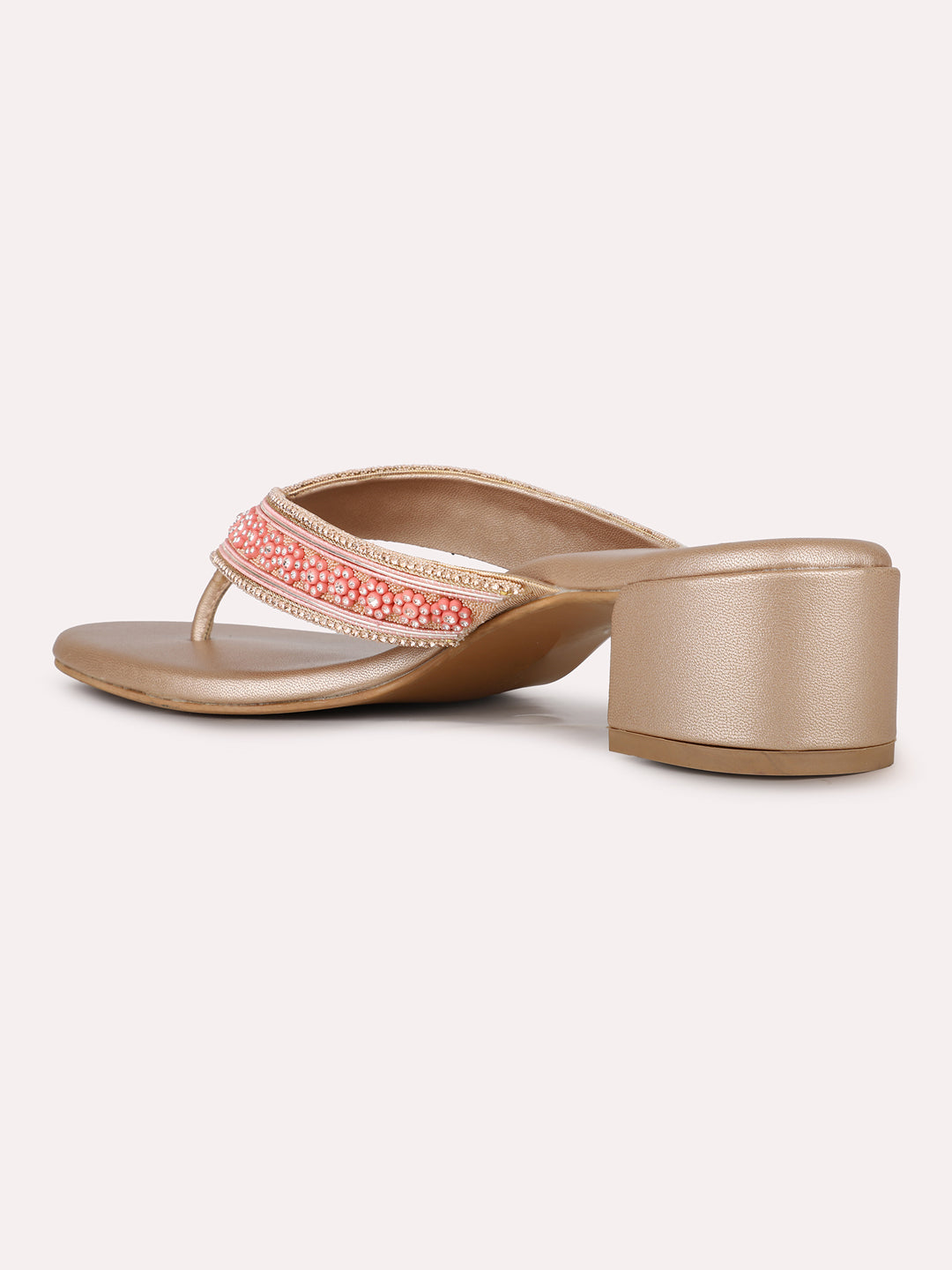 Womens Rose Gold Ethnic Embellished Round Toe Block Heels