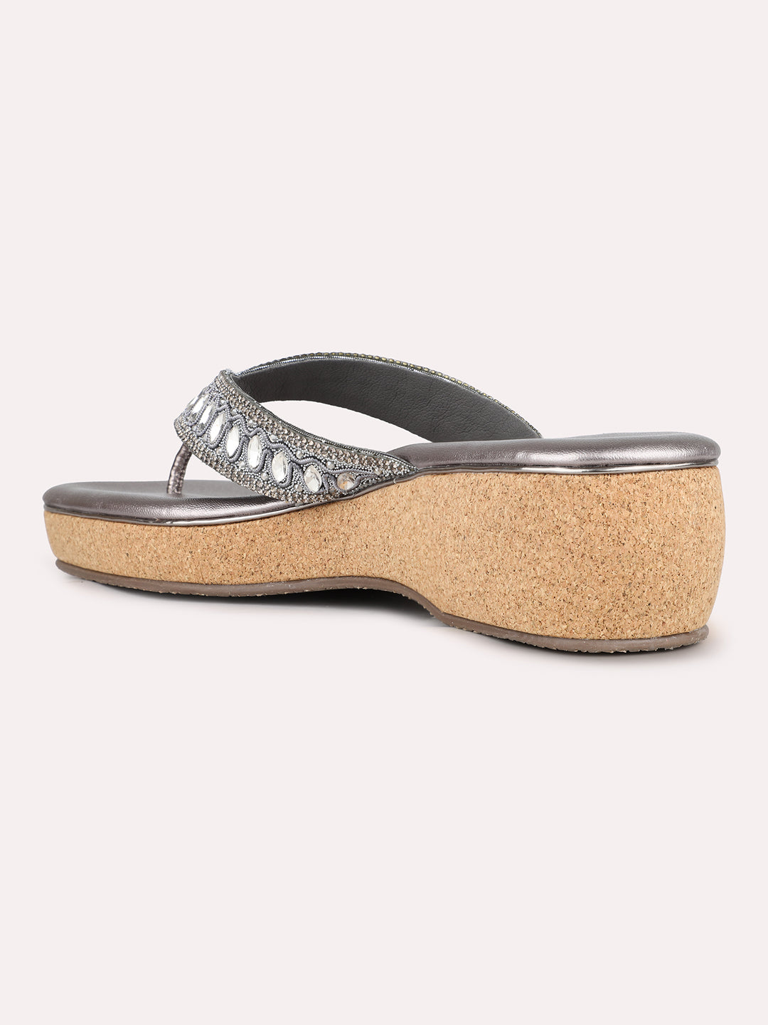 Women Pewter Casual Embellished Round Toe Wedge Heel Sandals
