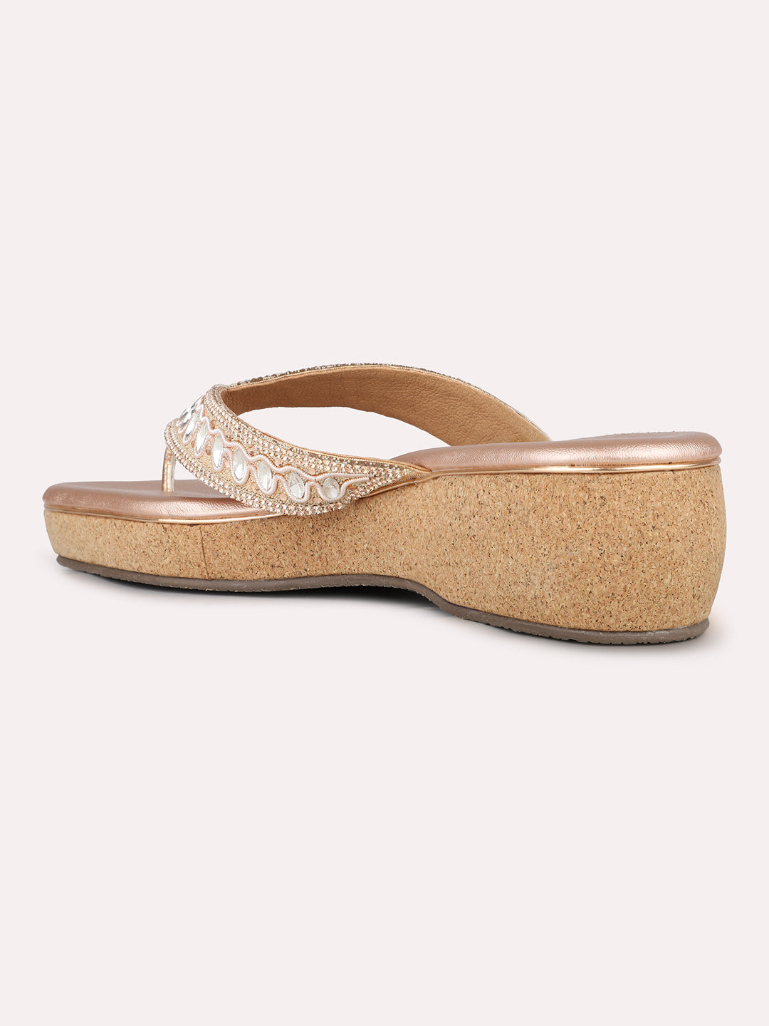 Women Rose Gold Casual Embellished Round Toe Wedge Heel Sandals