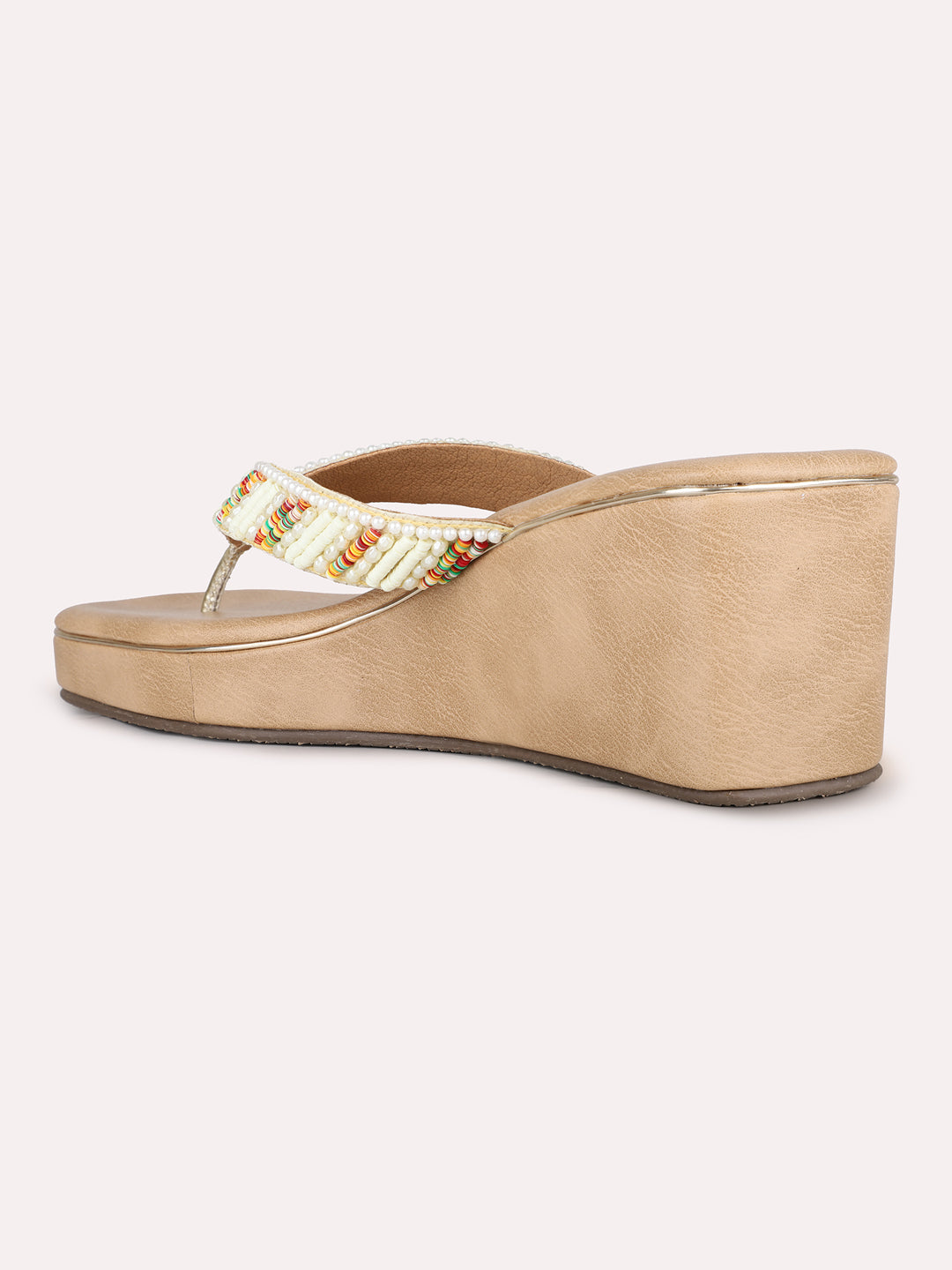 Women Golden Ethnic Embellished Round Toe Wedge Heel Sandals