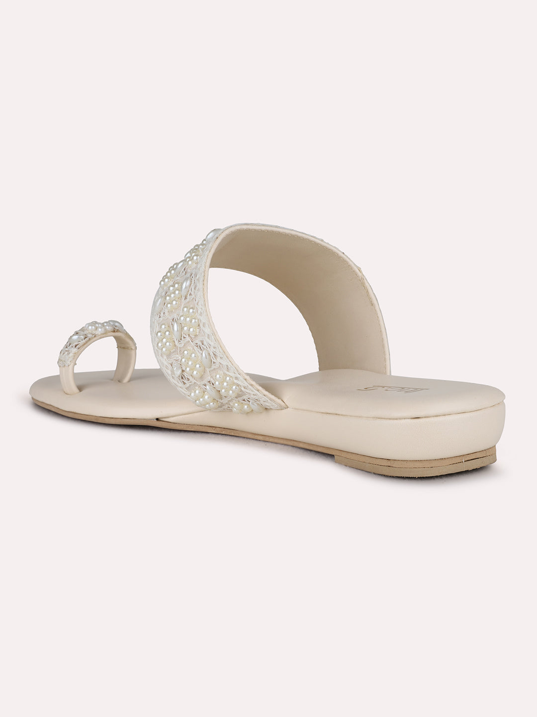 Womens Cream Ethnic Embellished One Toe Flat Slip-On Sandals