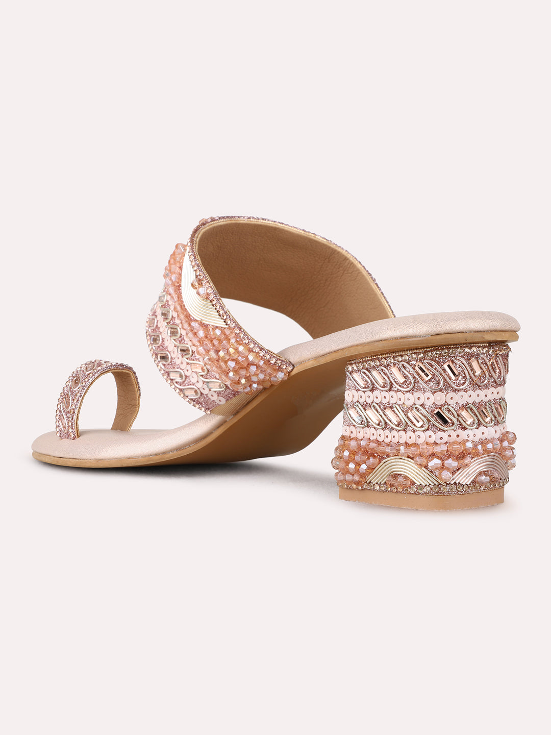 Womens Rose Gold Ethnic Embellished Round Toe Block Heels