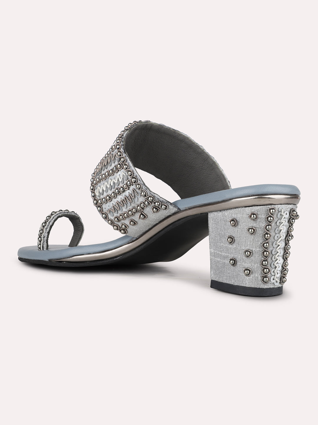 Women Grey Ethnic Embellished Pointed Toe Block Heel Sandals