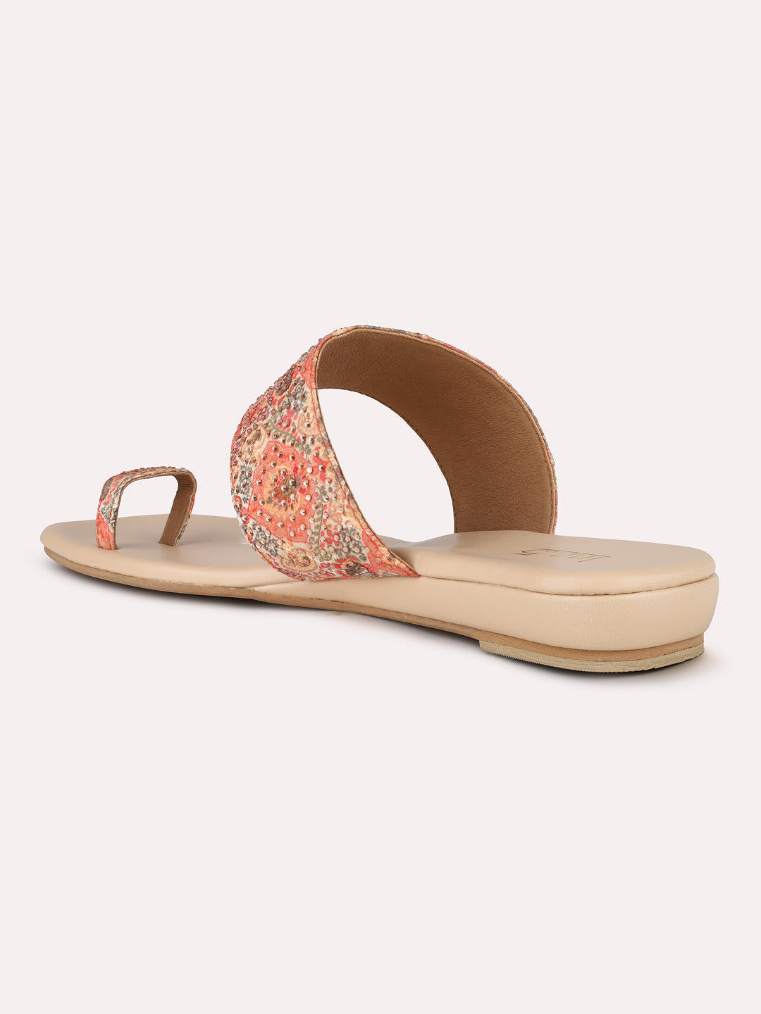 Womens Orange Ethnic Embellished One Toe Flat Slip-On Sandals