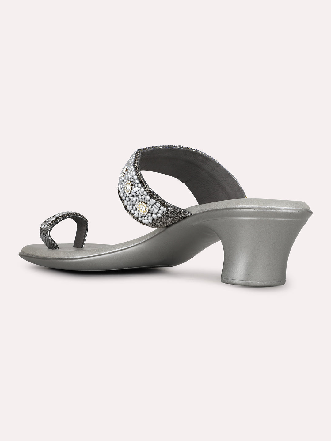 Womens Pewter Ethnic Embellished Round Toe Block Heel Sandals