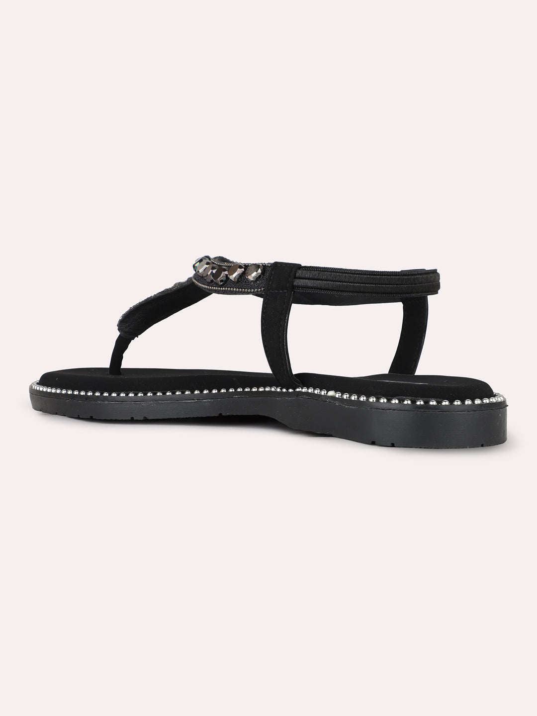 Womens Black Casual Embellished T-Strap Slip-On Flat Sandals