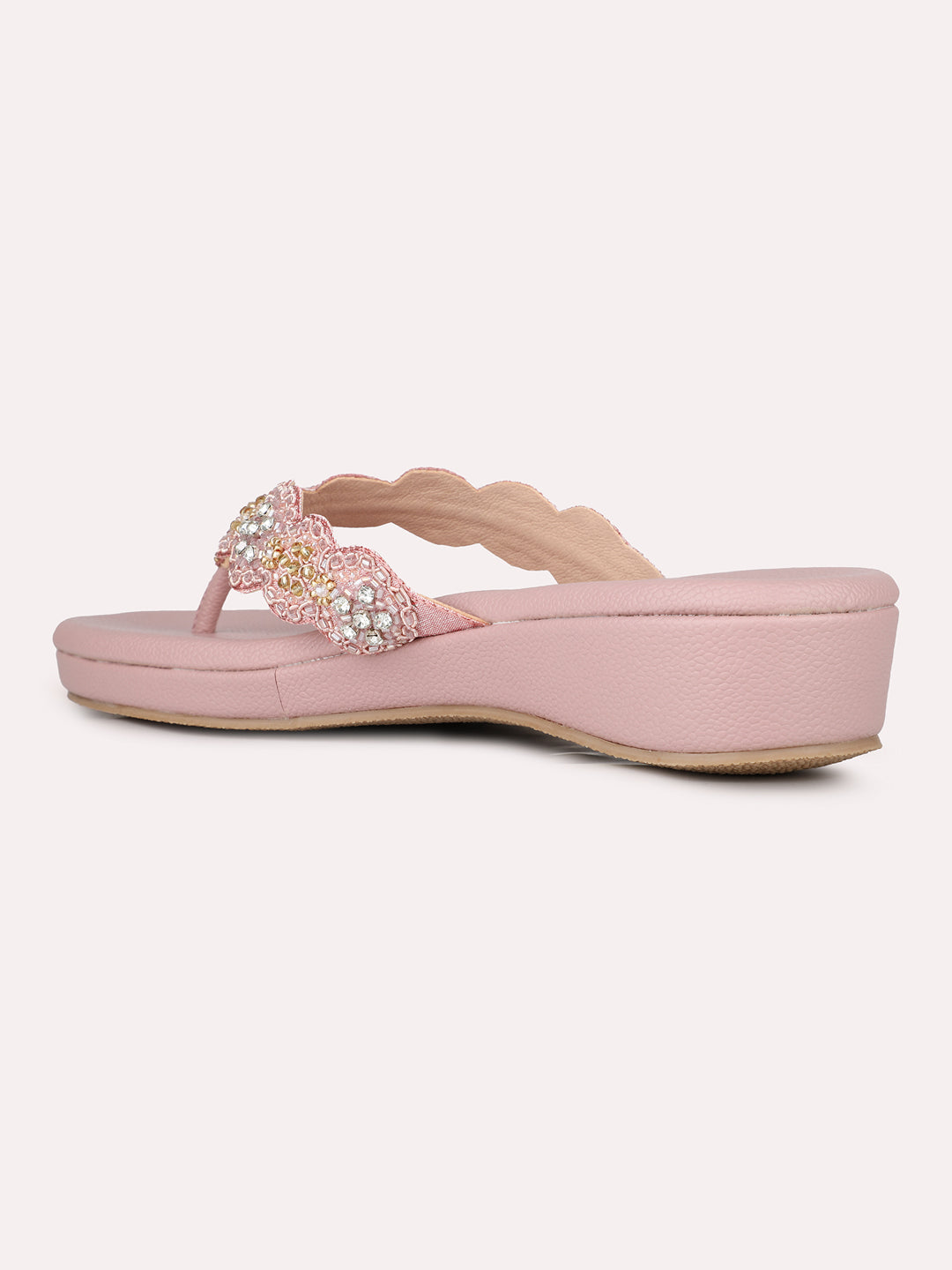 Womens Rose Gold Ethnic Embellished T-Strap Slip-On Flat Sandals