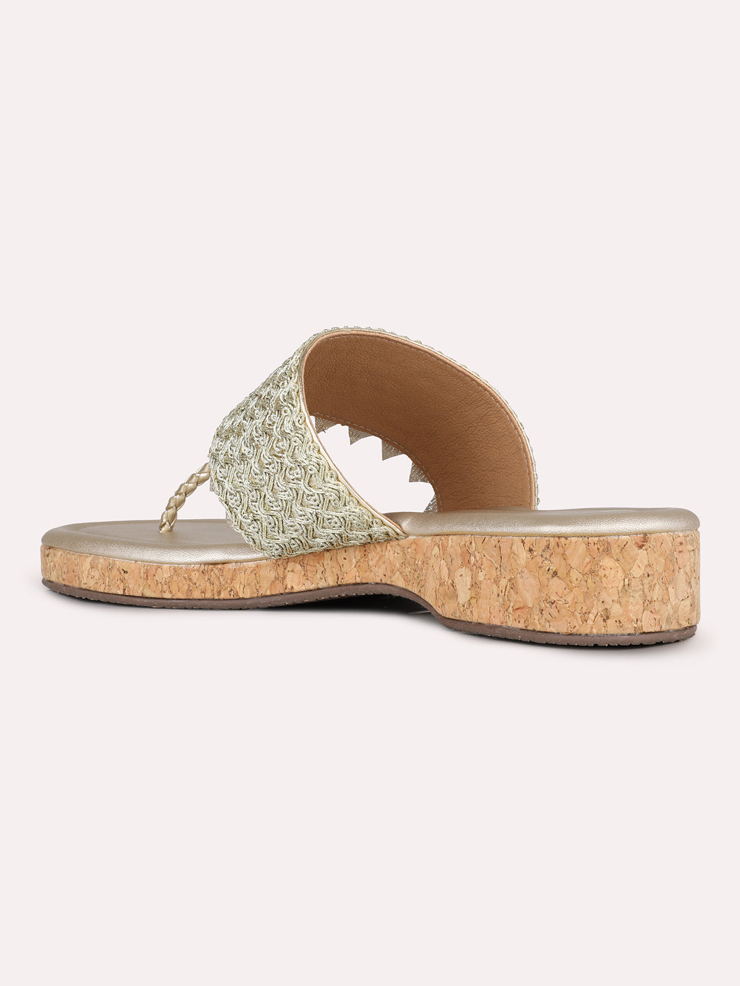 Women Golden Ethnic Embellished Pattern T-Strap Flats Slip-On Sandals