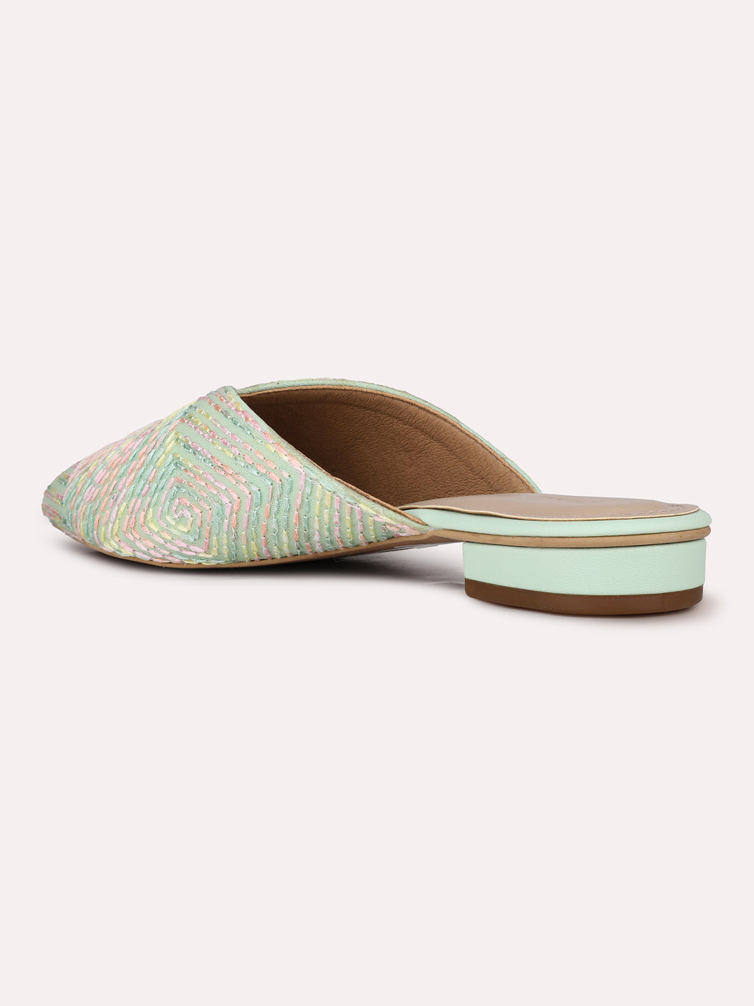 Womens Green Party Wear Printed Toe Flats Mules