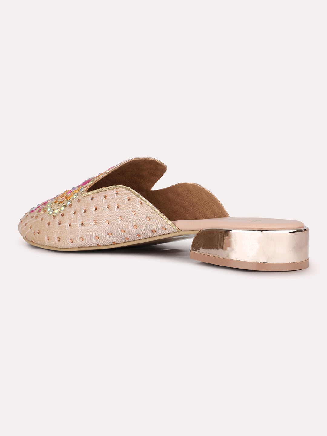 Womens Rose Gold Party Wear Printed Toe Flats Mules