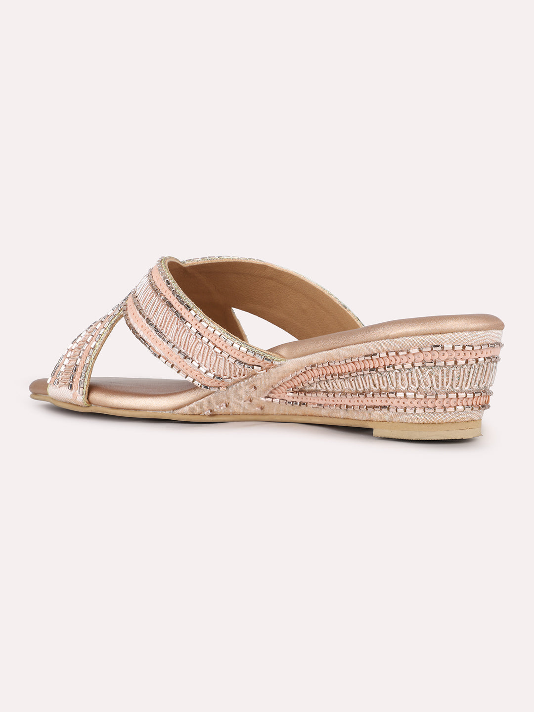 Women Rose Gold Ethnic Embellished Round Toe Wedge Heel Sandals
