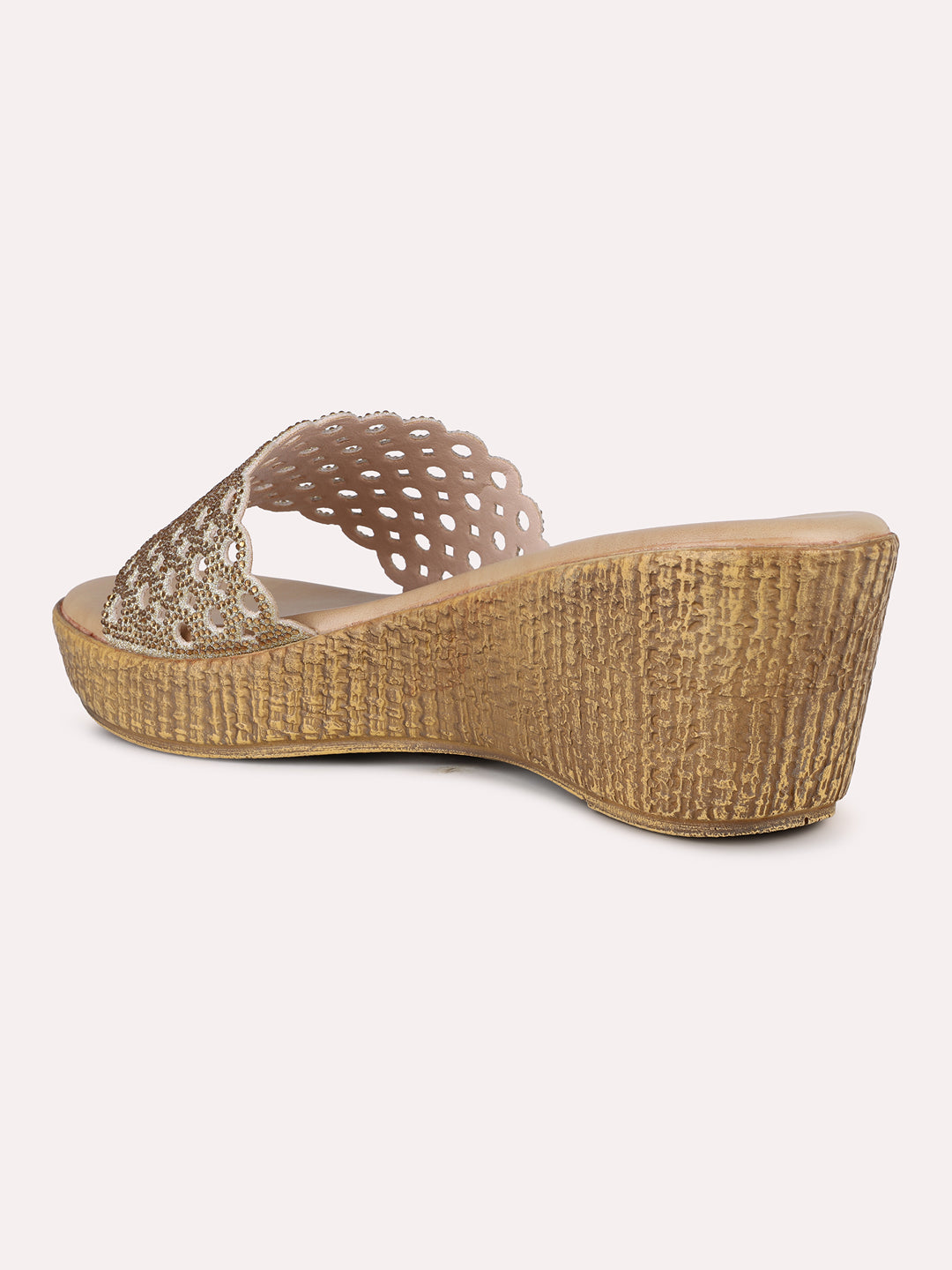 Womens Golden Party Wear Embellished Round Toe Wedge Heel Sandals