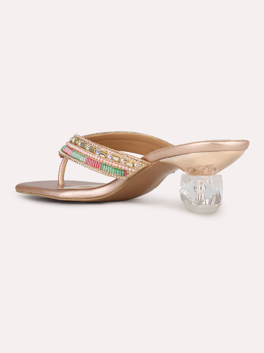 Women Rose Gold Ethnic Embellished Square Toe Block Heel Sandals