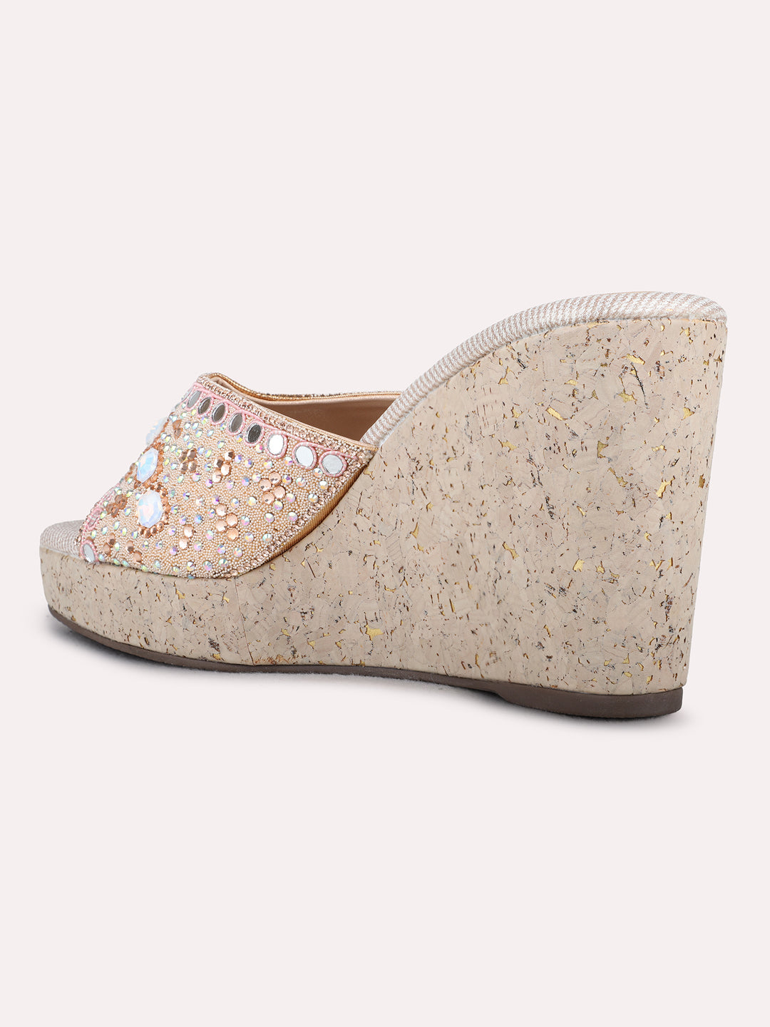 Womens Rose Gold Ethnic Wear Embellished Round Toe Wedge Heel Sandals