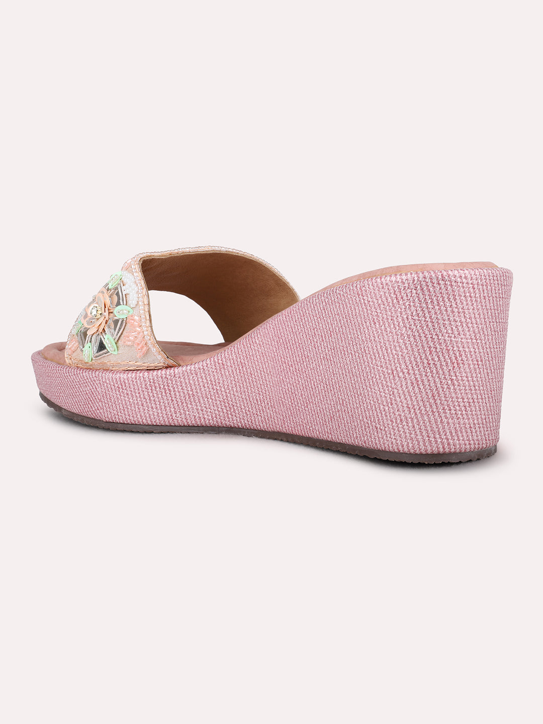 Womens Pink Ethnic Embellished Wedge Heel Sandals