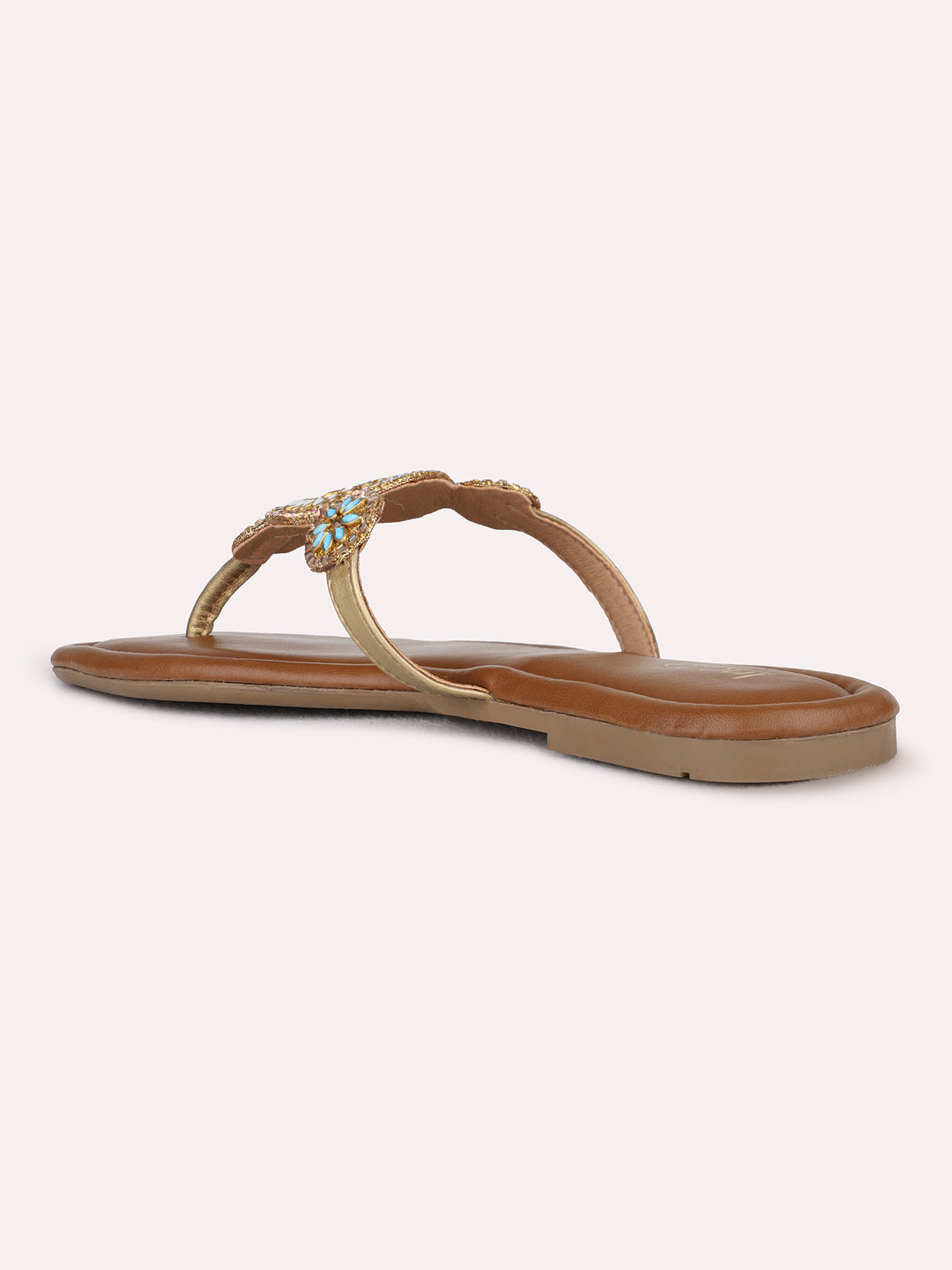 Womens Golden Casual Embellished T-Strap Flat Slip On Sandals