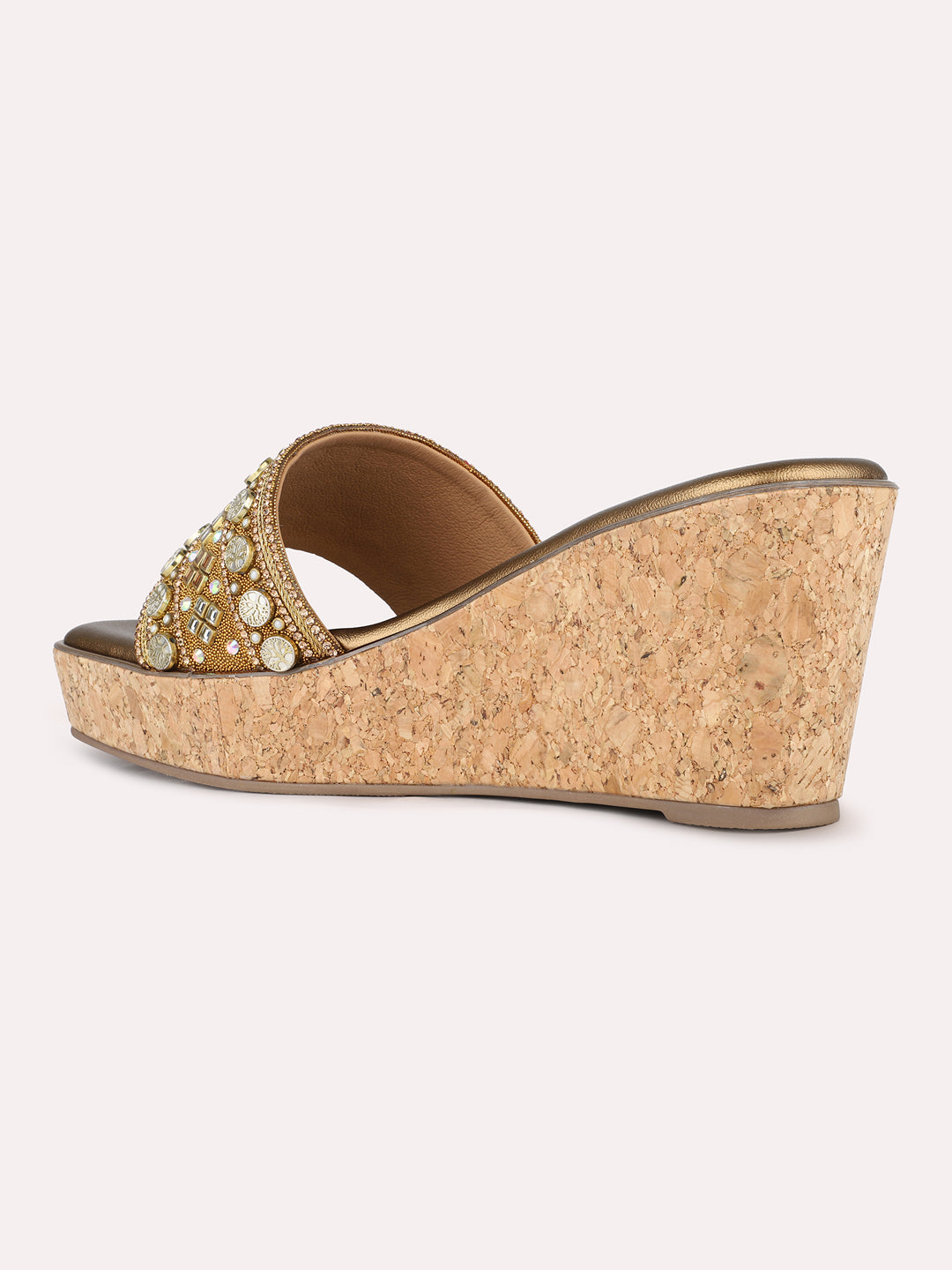 Women Golden Ethnic Embellished Round Toe Wedge Heel Sandals