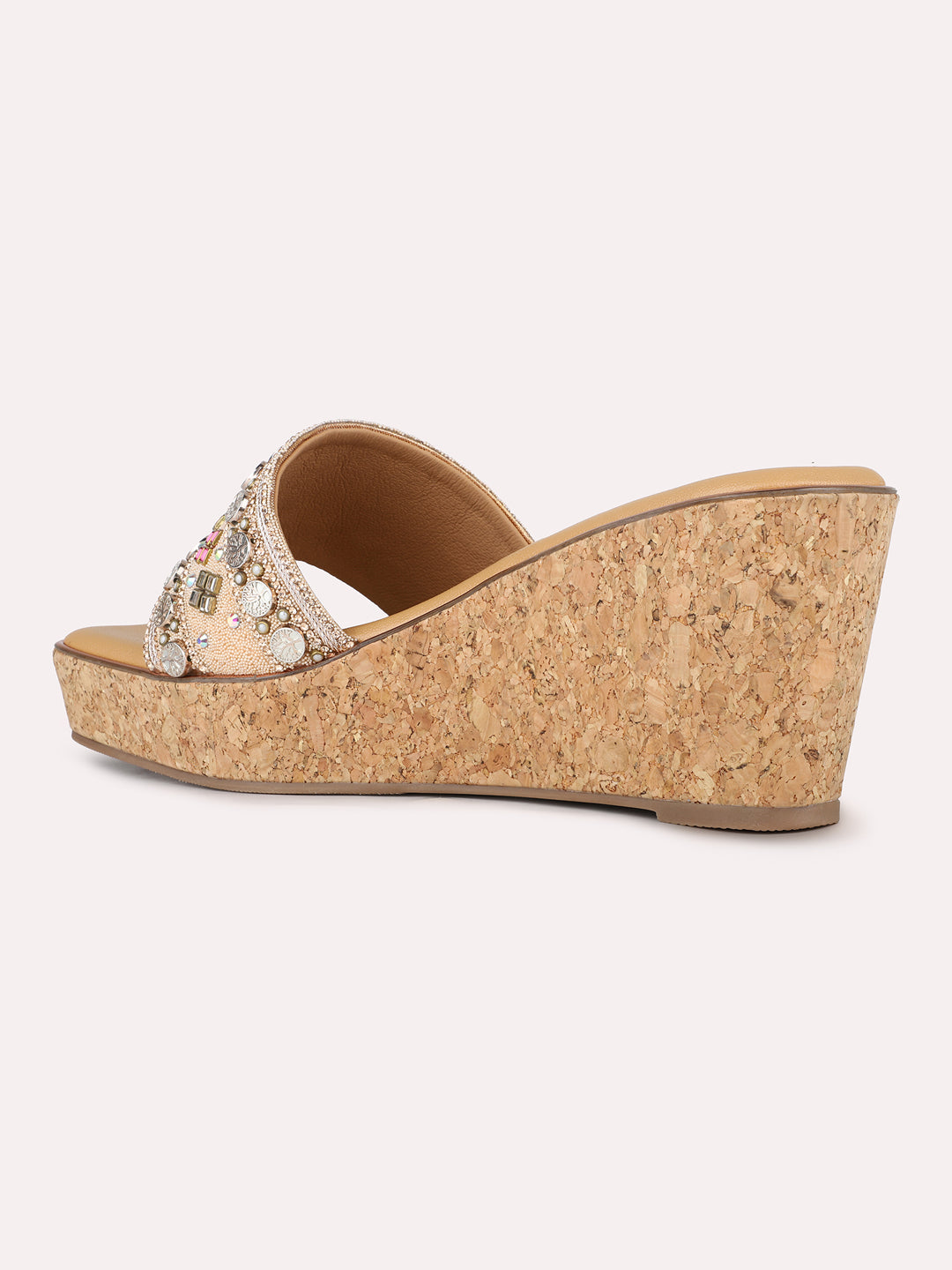 Women Rose Gold Ethnic Embellished Round Toe Wedge Heel Sandals