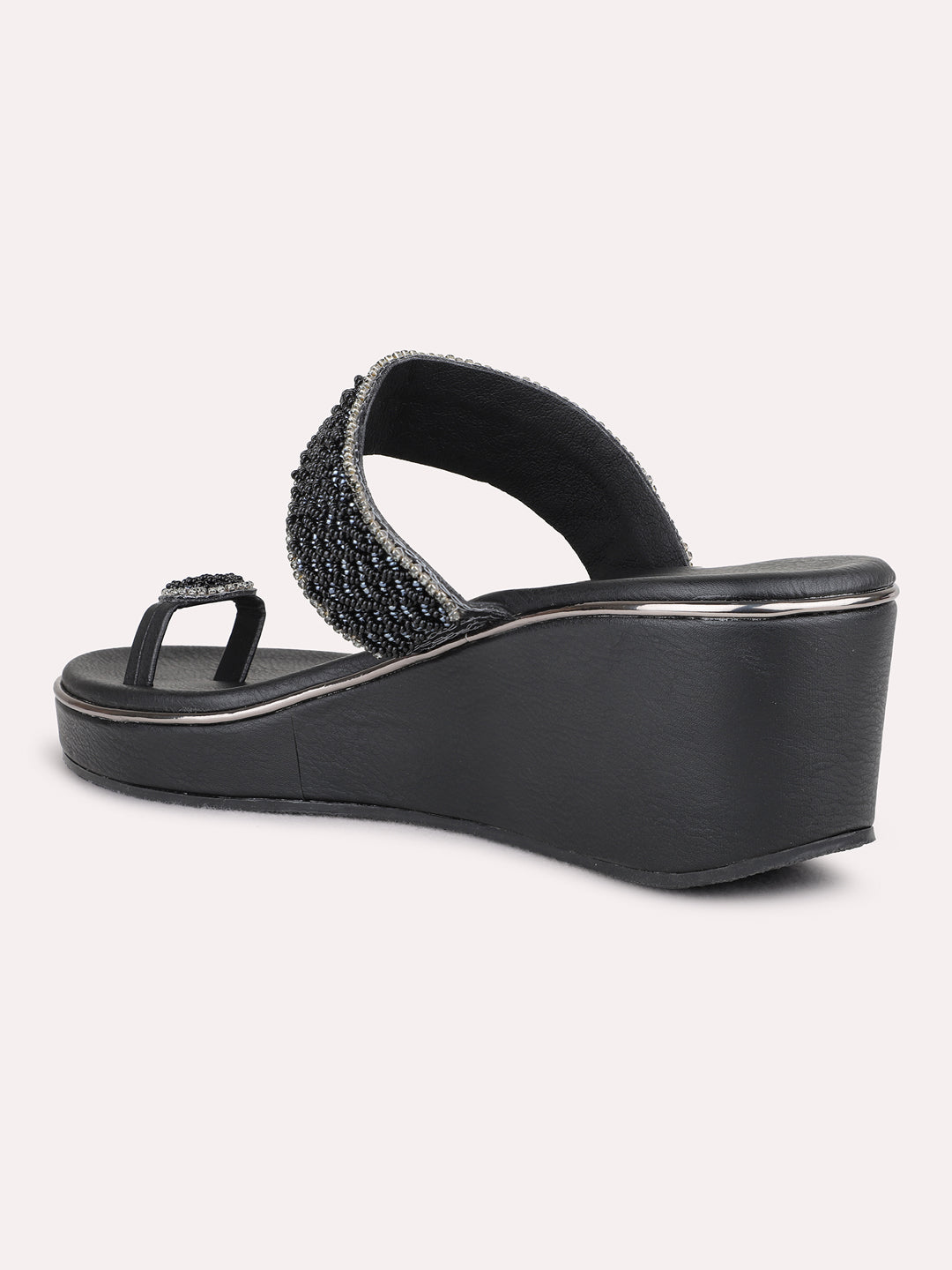 Womens Black Party Wear Embellished Round Toe Wedge Heel Sandals