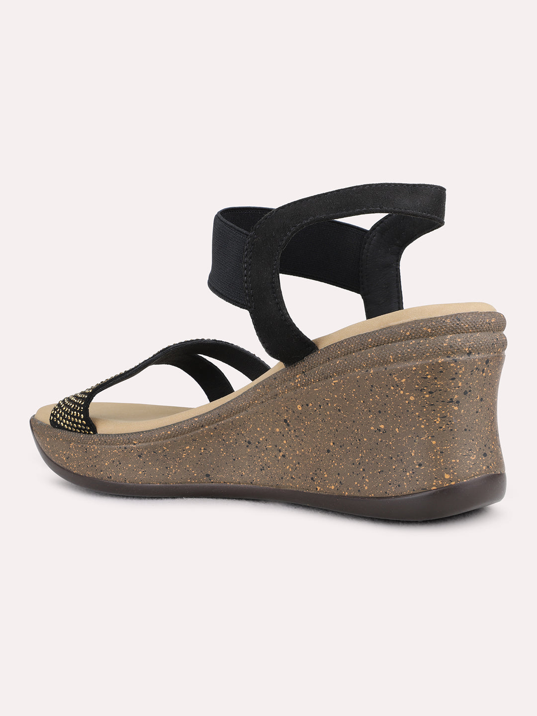 Womens Black Ethnic Embellished Pattern Wedge Heel Sandals