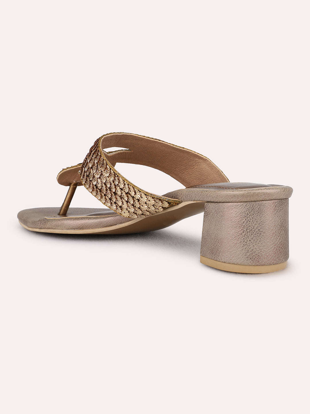 Womens Golden Party Wear Embellished Round Toe Block Heel Sandals