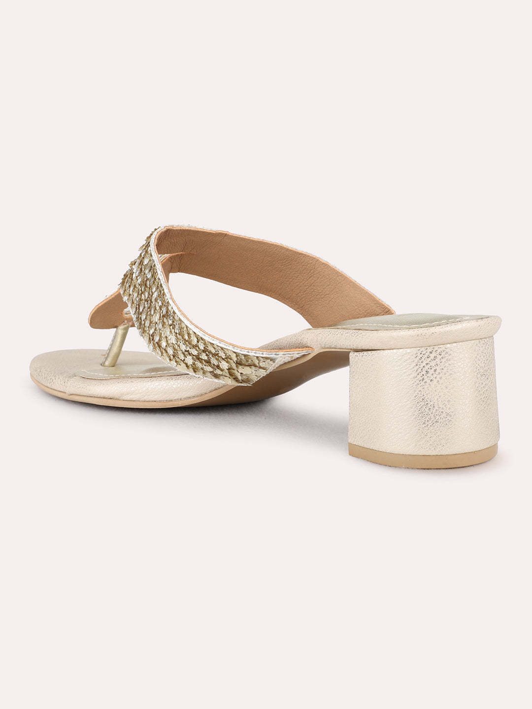 Womens Golden Party Wear Embellished Round Toe Block Heel Sandals