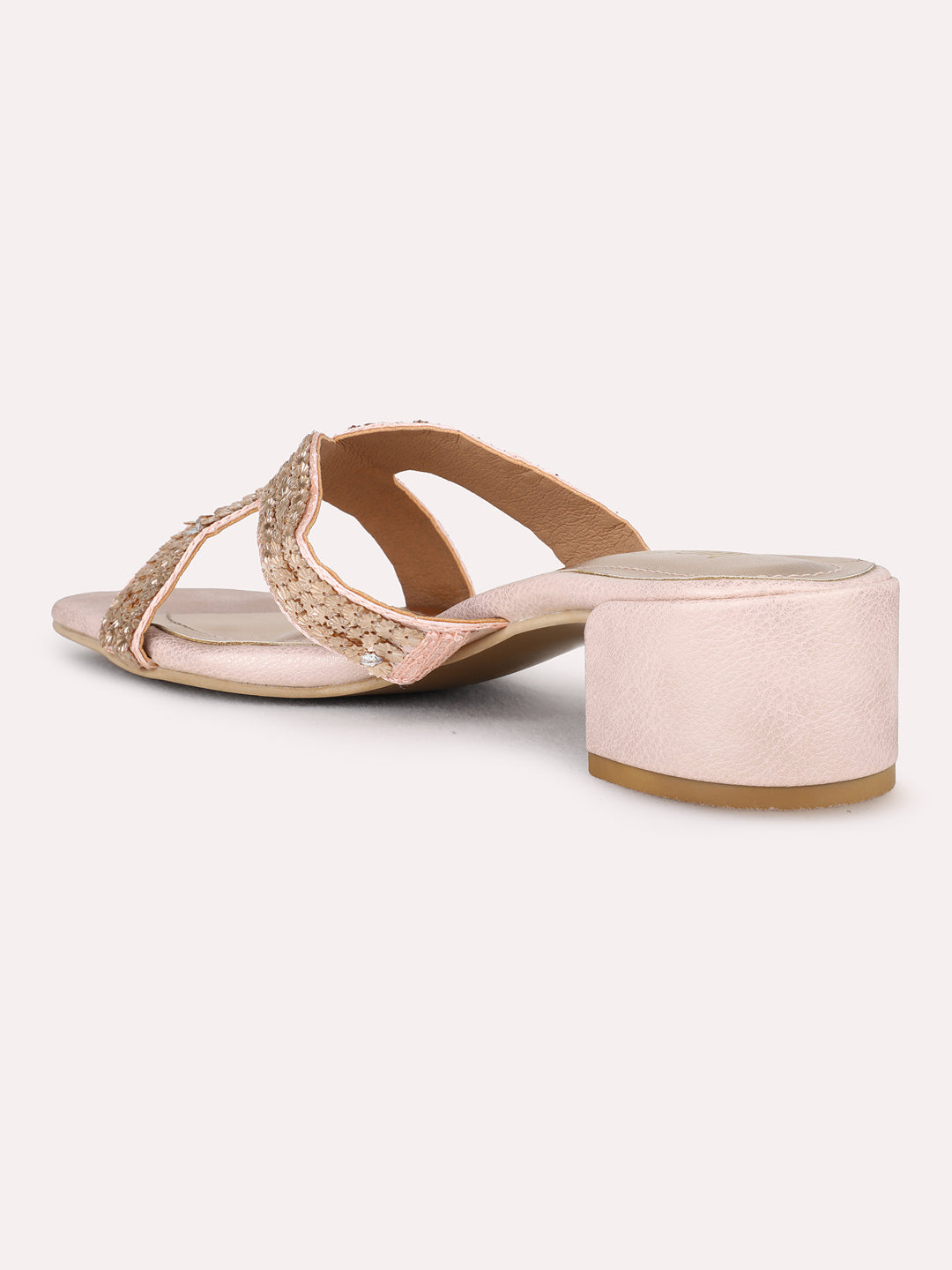 Womens Rose Golden Party Wear Embellished Square Toe Block Heel Sandals