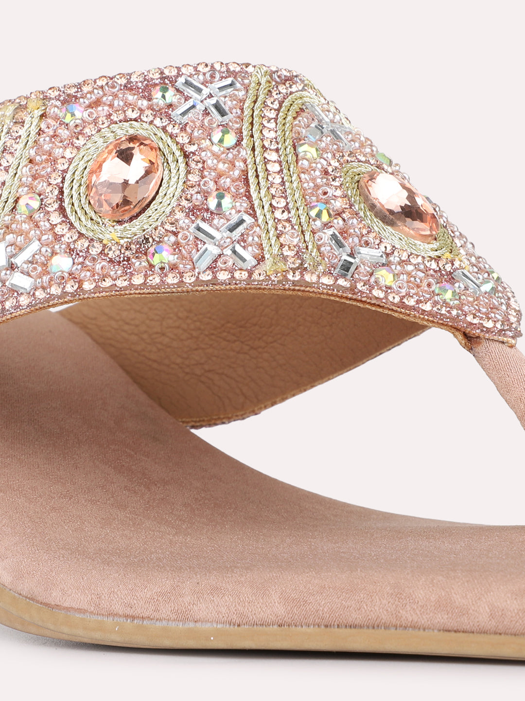 Womens Rose Gold Ethnic Embellished Square Toe Block Heels
