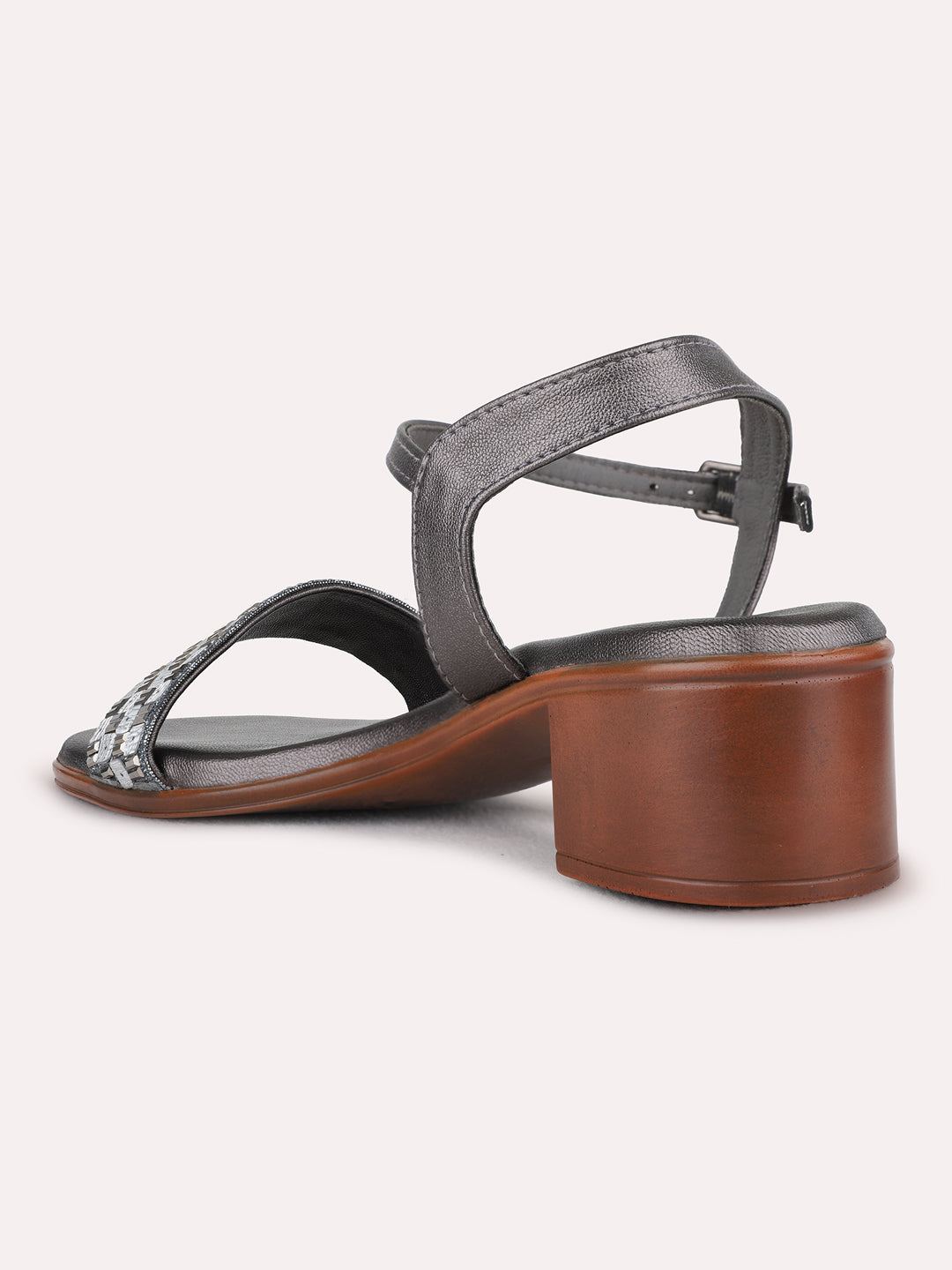 Womens Pewter Party Wear Printed Square Toe Block Heel Sandals