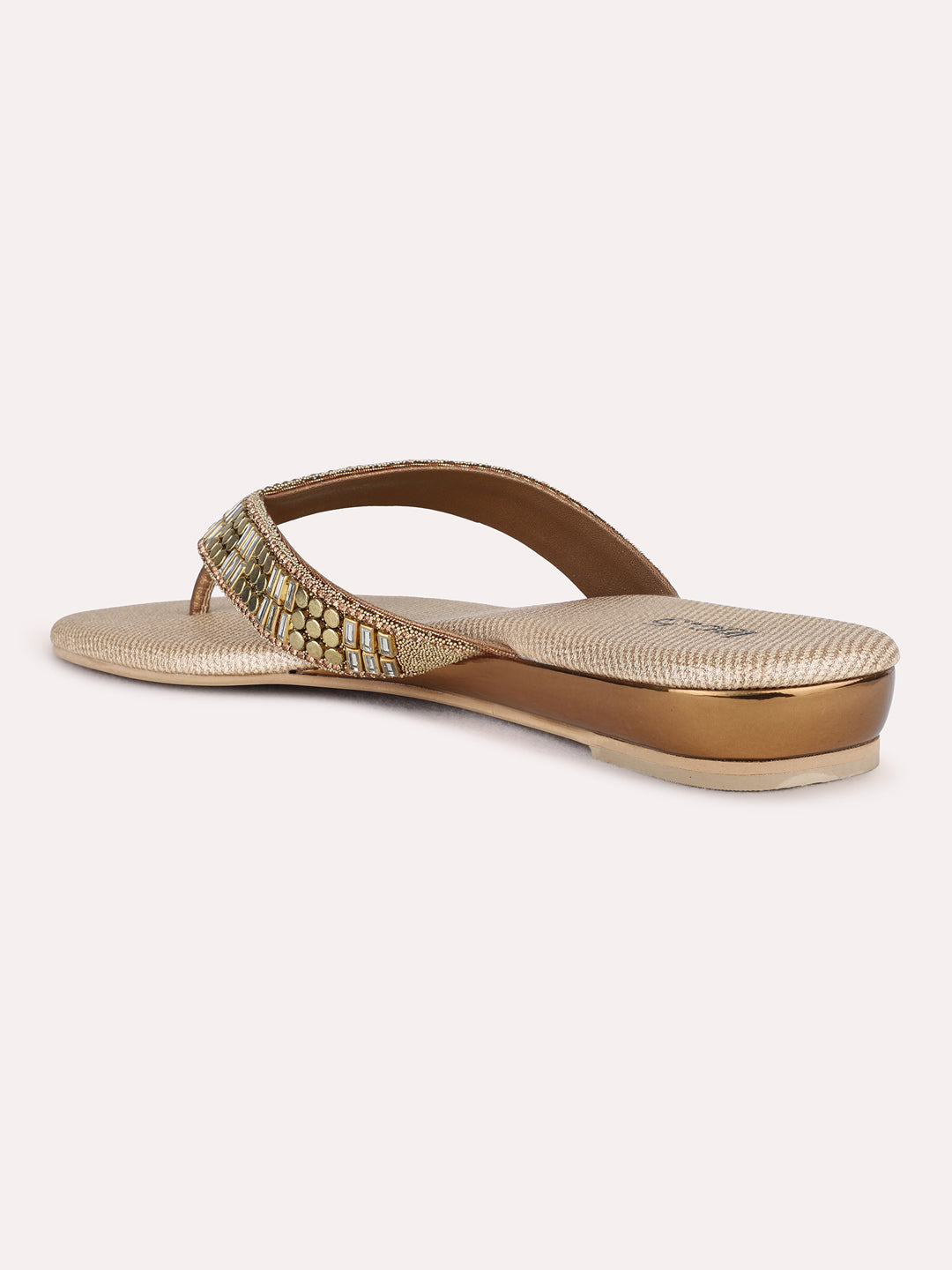Womens Golden Ethnic Embellished T-Strap Flats
