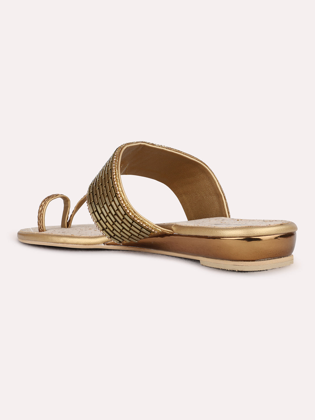 Womens Golden Ethnic Embellished Pattern One Toe Flat Sandals