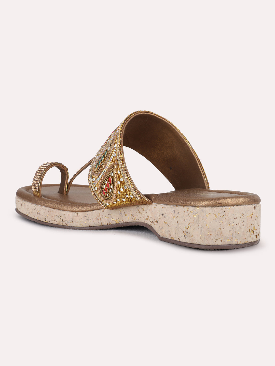 Womens Golden Ethnic Embellished One Toe Flat Sandals