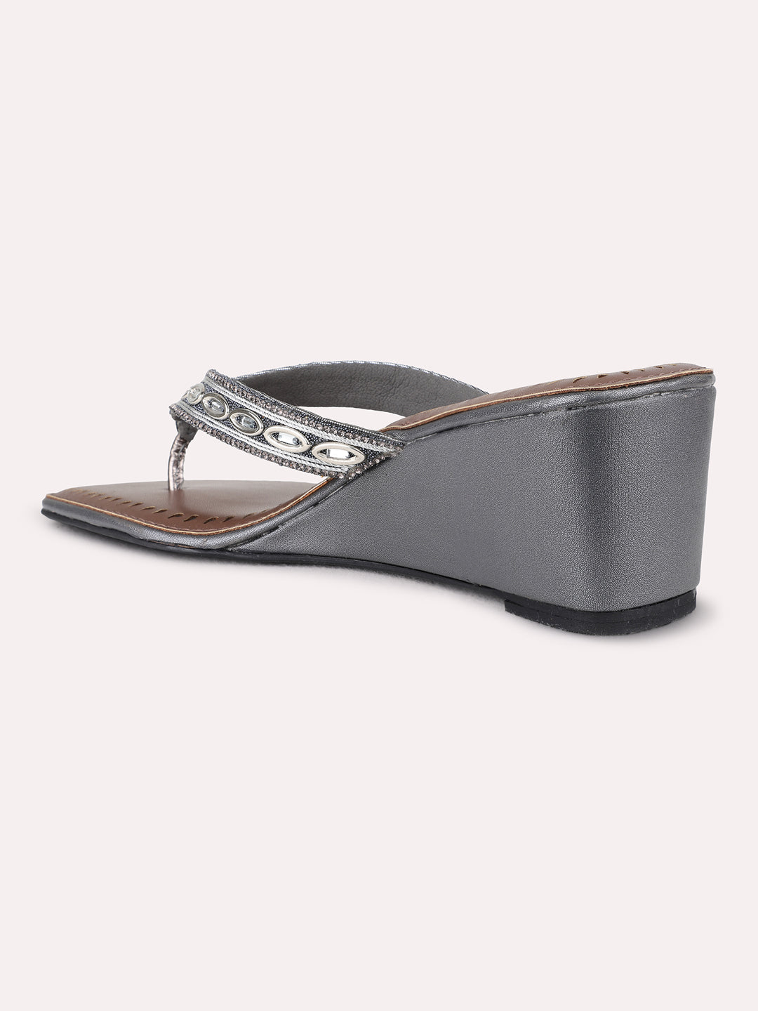 Womens Pewter Casual Solid Square Toe Wedge Heel Sandals