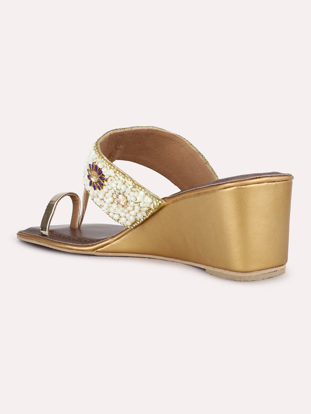 Womens Golden Ethnic Embellished Pattern Wedges Sandals