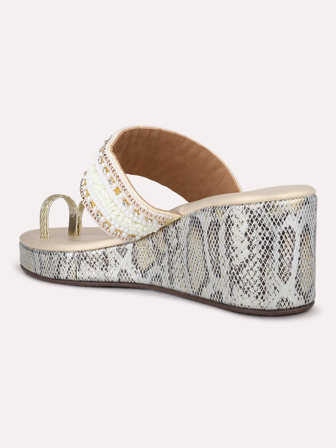 Womens Golden Ethnic Embroidered Round Toe Wedge Heel Sandals