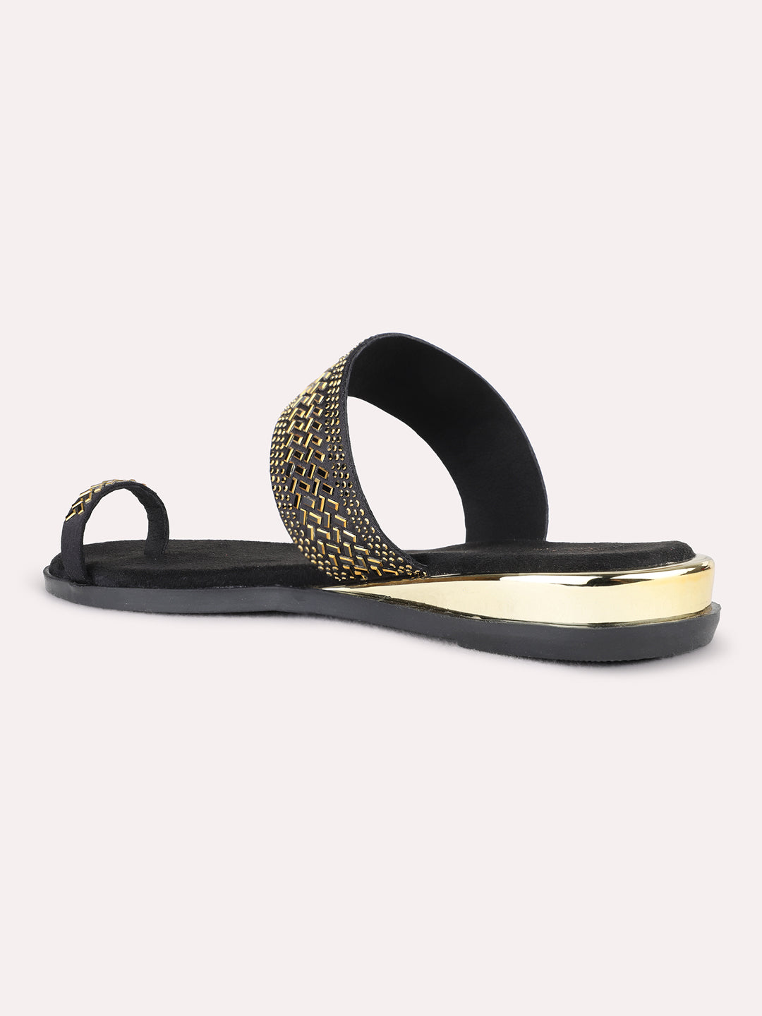 Womens Black Casual Embellished One Toe Flat Slip On Sandals