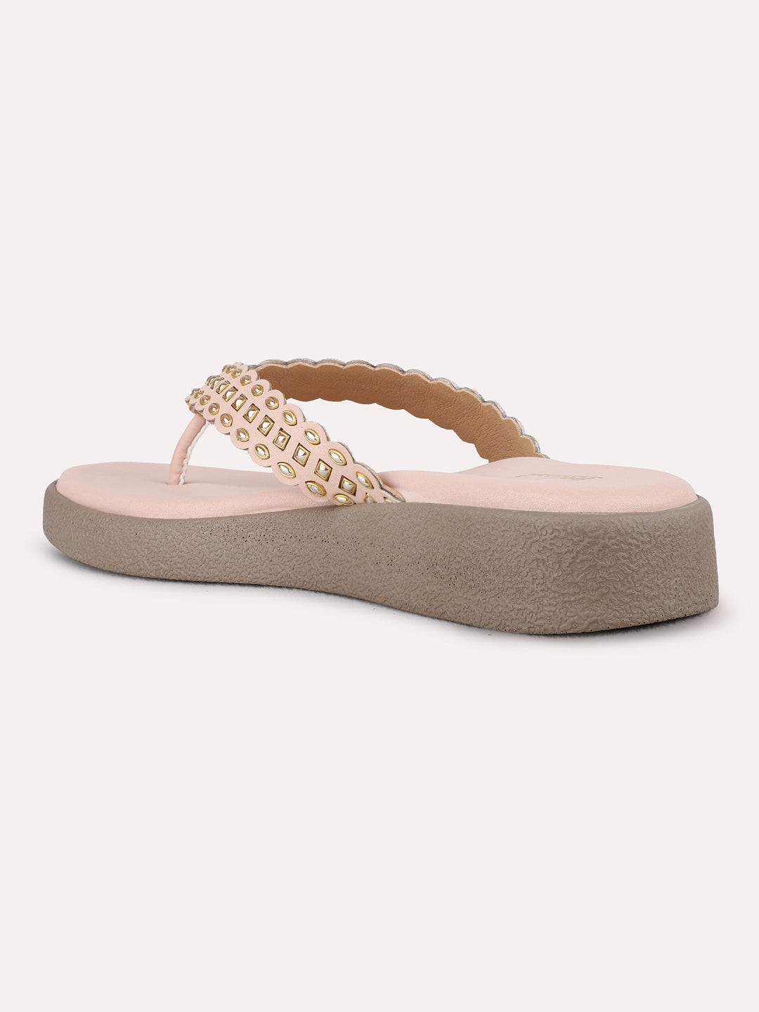 Womens Rose Gold Casual Embellished T-Strap Flat Sandals