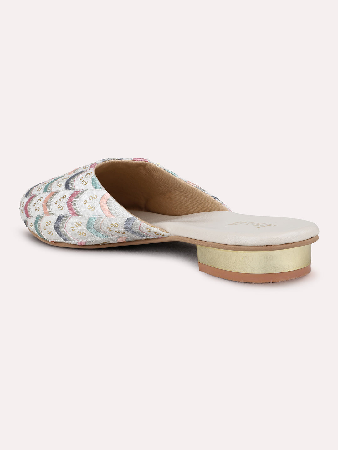 Womens Cream Party Wear Printed One Toe Flat Mules