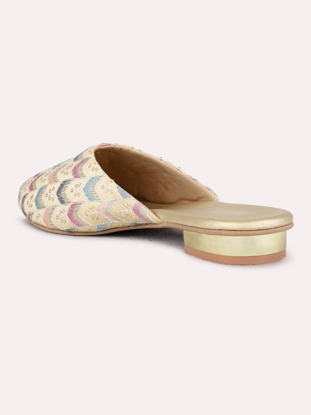 Womens Golden Party Wear Printed One Toe Flat Mules
