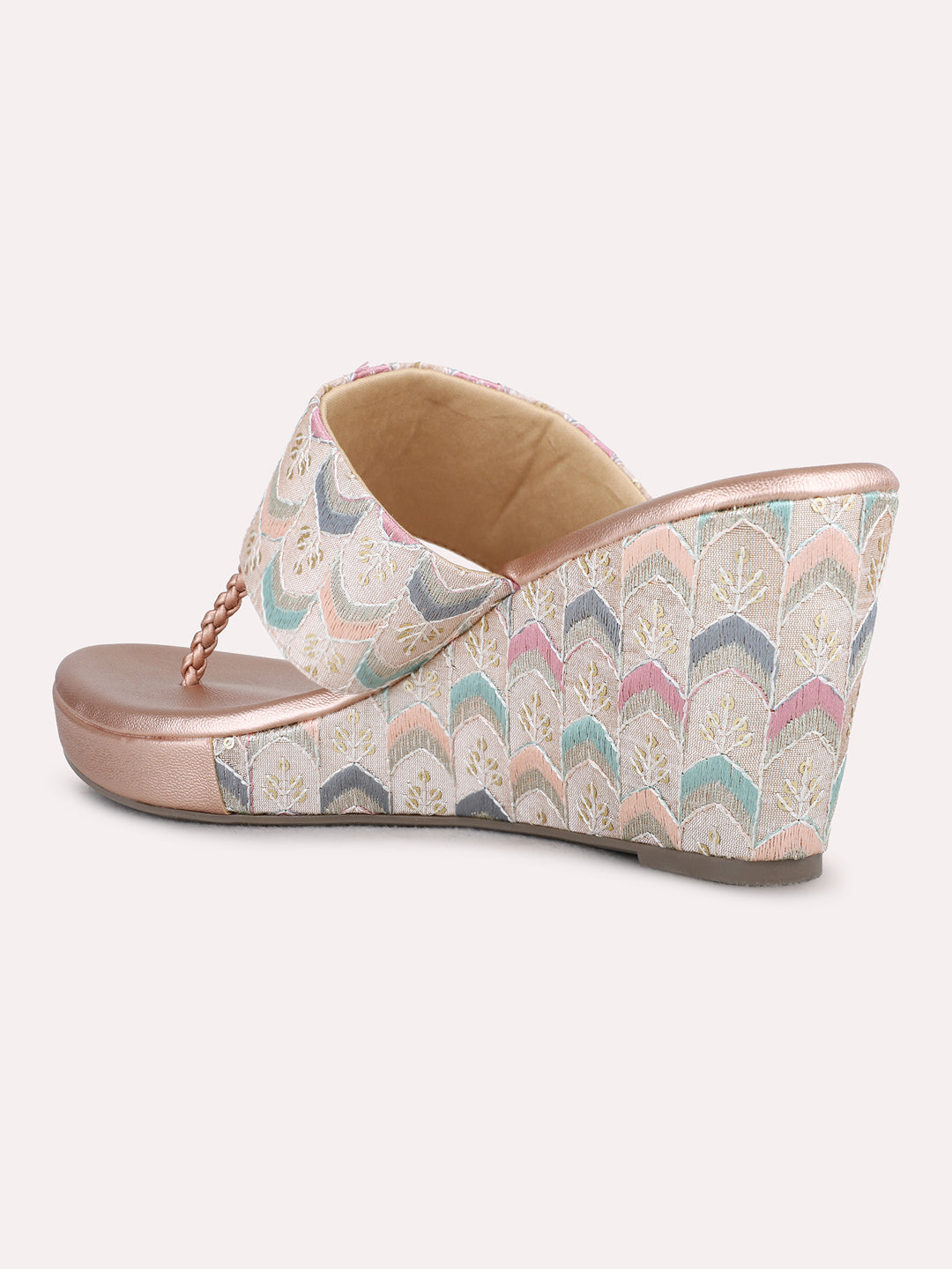 Womens Rose Gold Ethnic Embellished Wedge Heel Sandals