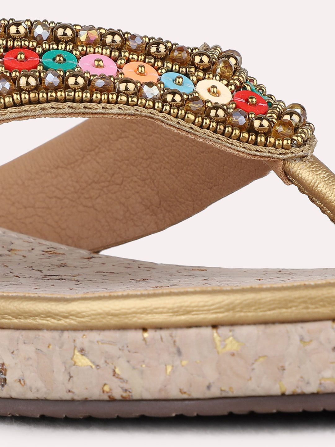 Womens Golden Ethnic Embellished Pattern T-Strap Flats