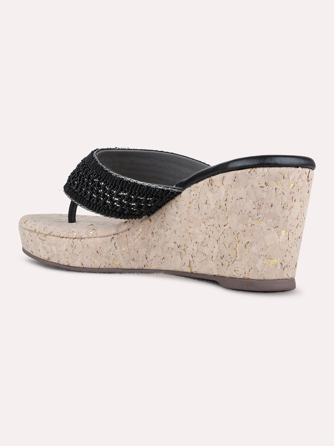 Womens Black Ethnic Embellished Round Toe Wedge Heels