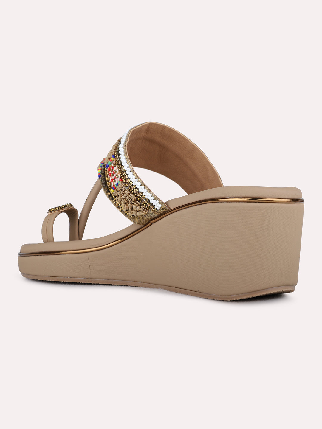 Womens Golden Ethnic Embellished Pointed Toe Wedge Heels